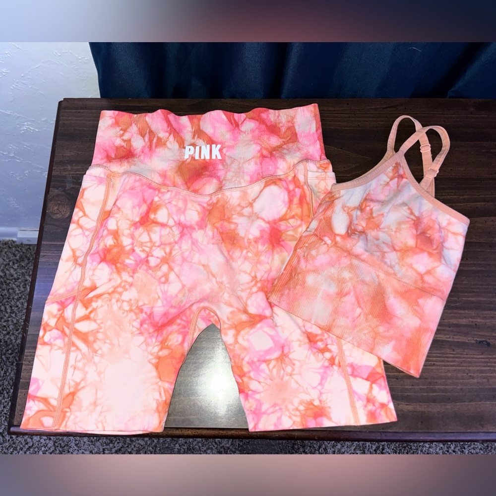 PINK biker shorts and bra set